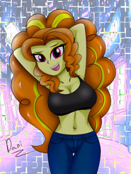 Size: 3000x4000 | Tagged: safe, artist:danielitamlp, adagio dazzle, equestria girls, g4, abstract background, arm behind head, armpits, belly button, breasts, busty adagio dazzle, cleavage, clothes, female, jeans, looking at you, open mouth, pants, smiling, solo, tank top
