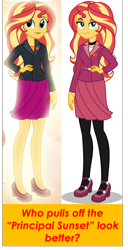 Size: 1044x2038 | Tagged: safe, artist:andoanimalia, artist:orin331, sunset shimmer, equestria girls, g4, choker, clothes, comparison, female, geode of empathy, hand on hip, high heels, jacket, looking at you, magical geodes, older, older sunset, principal, principal shimmer, principal sunset, shoes, side by side, skirt, smiling, solo, tights