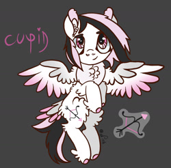 Size: 1638x1610 | Tagged: safe, artist:caramelbolt24, oc, oc only, oc:cupid, pegasus, pony, arrow, bow (weapon), colored hooves, dark background, ear fluff, feathered fetlocks, flying, male, pegasus oc, signature, smiling, solo, spread wings, stallion, wings