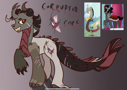 Size: 2340x1668 | Tagged: safe, artist:caramelbolt24, oc, oc:corrupted core, draconequus, hybrid, pony, unicorn, crack ship offspring, draconequus oc, ear fluff, gradient background, horn, interspecies offspring, magical gay spawn, male, offspring, parent:discord, parent:king sombra, parents:sombracord, screencap reference, signature, stallion