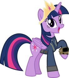 Size: 1024x1157 | Tagged: safe, artist:alandssparkle, artist:php170, twilight sparkle, alicorn, pony, fallout equestria, g4, clothes, crown, fallout, female, jewelry, jumpsuit, looking at you, open mouth, pipboy, raised hoof, regalia, simple background, solo, transparent background, twilight sparkle (alicorn), vault suit, vector