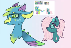 Size: 2388x1628 | Tagged: safe, artist:caramelbolt24, artist:unoriginai, fluttershy, gallus, pharynx, spike, thorax, oc, changedling, changeling, changepony, dragon, griffon, hybrid, pegasus, pony, g4, abstract background, base used, bust, ear fluff, gigachad spike, horns, king thorax, magical gay spawn, magical threesome spawn, multiple parents, offspring, older, older spike, parent:fluttershy, parent:gallus, parent:pharynx, parent:spike, parent:thorax, prince pharynx, screencap reference, signature