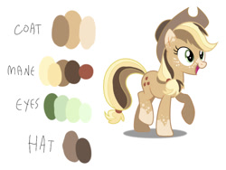 Size: 1254x943 | Tagged: safe, artist:caramelbolt24, applejack, earth pony, pony, g4, eyelashes, female, freckles, hat, mare, open mouth, raised hoof, redesign, reference sheet, solo