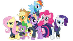 Size: 5360x3008 | Tagged: safe, artist:alandssparkle, artist:andoanimalia, artist:patec, artist:php170, artist:snapshopvisuals, applejack, fluttershy, pinkie pie, rainbow dash, rarity, spike, twilight sparkle, alicorn, dragon, earth pony, pegasus, pony, unicorn, fallout equestria, g4, absurd resolution, applejack's hat, bipedal, clothes, cowboy hat, crown, fallout, female, flying, hat, jewelry, jumpsuit, looking at you, male, mane seven, mane six, open mouth, regalia, simple background, teeth, transparent background, twilight sparkle (alicorn), vault suit, vector, waving at you