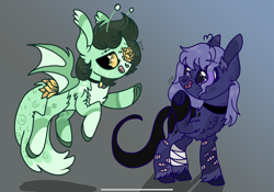 Size: 2388x1668 | Tagged: safe, artist:caramelbolt24, oc, oc only, bat pony, pony, abstract background, bat pony oc, bat wings, chest fluff, choker, colored hooves, duo, ear fluff, flying, looking back, raised hoof, signature, smiling, wings