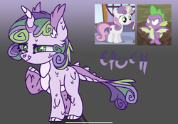 Size: 2388x1668 | Tagged: safe, artist:caramelbolt24, spike, oc, oc:epoch, dracony, dragon, hybrid, pony, unicorn, g4, molt down, on your marks, abstract background, cutie mark, ear fluff, female, filly, frown, horn, interspecies offspring, male, offspring, parent:spike, parent:sweetie belle, parents:spikebelle, raised hoof, screencap reference, signature, spread wings, the cmc's cutie marks, winged spike, wings