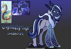 Size: 2388x1668 | Tagged: safe, artist:caramelbolt24, discord, princess luna, oc, oc:constellation collector, alicorn, draconequus, hybrid, pony, g4, abstract background, constellation, draconequus oc, ear fluff, female, horn, interspecies offspring, male, mare, offspring, parent:discord, parent:princess luna, parents:lunacord, screencap reference, signature, wings