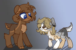 Size: 2388x1570 | Tagged: safe, artist:caramelbolt24, oc, oc only, dog, dog pony, hybrid, pony, abstract background, chest fluff, duo, ear fluff, signature, smiling