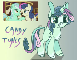 Size: 2148x1668 | Tagged: safe, artist:caramelbolt24, bon bon, lyra heartstrings, sweetie drops, oc, oc:candy tunes, classical unicorn, earth pony, pony, unicorn, g4, slice of life (episode), abstract background, chest fluff, cloven hooves, ear fluff, eyelashes, female, horn, leonine tail, lesbian, magical lesbian spawn, mare, offspring, parent:bon bon, parent:lyra heartstrings, parents:lyrabon, screencap reference, ship:lyrabon, shipping, signature, smiling, unshorn fetlocks