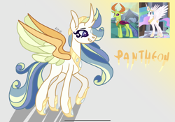 Size: 2388x1668 | Tagged: safe, artist:caramelbolt24, princess celestia, thorax, oc, oc:pantheon, alicorn, changedling, changeling, changepony, hybrid, pony, g4, abstract background, ear fluff, eyelashes, female, hoof shoes, horn, interspecies offspring, jewelry, king thorax, male, mare, offspring, parent:princess celestia, parent:thorax, parents:thoralestia, peytral, screencap reference, shipping, signature, tiara, wings