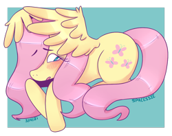 Size: 1024x811 | Tagged: safe, artist:spacessie, fluttershy, pegasus, pony, g4, blushing, covering, cute, daaaaaaaaaaaw, female, hair over one eye, looking away, looking down, lying down, mare, open mouth, prone, shy, shyabetes, solo, spread wings, wing covering, wings