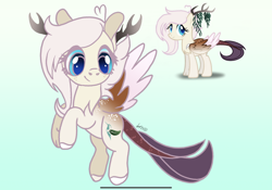 Size: 2388x1668 | Tagged: safe, artist:caramelbolt24, oc, oc only, hybrid, pony, antlers, ear fluff, female, flying, gradient background, interspecies offspring, offspring, parent:discord, parent:fluttershy, parents:discoshy, signature, smiling, wings