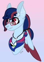 Size: 1158x1628 | Tagged: safe, artist:caramelbolt24, oc, oc only, pegasus, pony, abstract background, bisexual pride flag, bust, commission, ear fluff, glasses, grin, jewelry, necklace, pegasus oc, pride, pride flag, signature, smiling, solo, wings, ych result