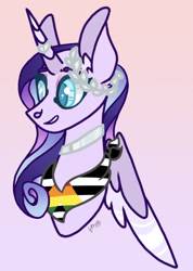 Size: 1162x1628 | Tagged: safe, artist:caramelbolt24, oc, oc only, alicorn, pony, abstract background, alicorn oc, bust, choker, commission, ear fluff, grin, horn, laurel wreath, neckerchief, signature, smiling, solo, wings, ych result