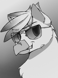 Size: 3000x4000 | Tagged: safe, artist:toanderic, oc, oc only, oc:diamond storm, griffon, beak, bust, cheek fluff, chest fluff, eye clipping through hair, eyebrows, eyebrows visible through hair, glasses, grayscale, griffon oc, grin, heterochromia, looking at you, male, manga, manga style, monochrome, portrait, smiling, solo, sunglasses