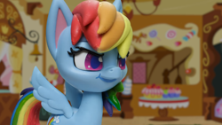 Size: 1920x1080 | Tagged: safe, screencap, rainbow dash, pegasus, pony, cake off, g4, g4.5, my little pony: stop motion short, cute, determined, female, solo, stop motion, sugarcube corner