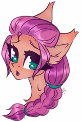 Size: 2135x3215 | Tagged: safe, artist:thepiratemangle, sunny starscout, earth pony, pony, g5, blushing, braid, bust, ear fluff, eyelashes, female, high res, looking at you, mare, open mouth, portrait, simple background, solo, white background