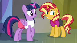 Size: 1280x720 | Tagged: safe, edit, edited screencap, editor:thedarkpony, screencap, sunset shimmer, twilight sparkle, alicorn, equestria girls, equestria girls specials, g4, my little pony equestria girls: better together, my little pony equestria girls: forgotten friendship, clothes, female, mare, shorts, sports outfit, sports shorts, twilight sparkle (alicorn)