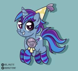 Size: 1280x1169 | Tagged: safe, artist:redpalette, oc, oc only, oc:moody mercury, pony, unicorn, abstract background, birthday, button, clothes, cute, hat, hop, horn, male, smiling, socks, solo, stallion, striped socks, unicorn oc