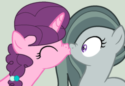 Size: 778x536 | Tagged: safe, artist:jadeharmony, artist:lullabyprince, marble pie, sugar belle, earth pony, pony, unicorn, g4, base used, boop, duo, eyes closed, female, gray background, kiss on the lips, kissing, lesbian, marbelle, mare, noseboop, shipping, simple background, surprised