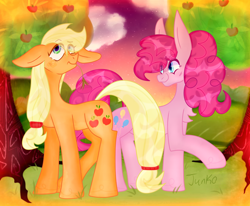Size: 1300x1070 | Tagged: safe, artist:php163, applejack, pinkie pie, earth pony, pony, g4, apple, apple tree, big ears, chest fluff, cloud, cute, diapinkes, digital art, female, floppy ears, grass, grass field, hay, jackabetes, looking up, mare, missing accessory, raised hoof, signature, smiling, straw in mouth, tree