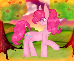 Size: 1300x1070 | Tagged: safe, alternate version, artist:php163, pinkie pie, earth pony, pony, g4, apple, apple tree, art, big ears, chest fluff, chubby, cloud, cute, diapinkes, digital art, female, fluffy mane, grass, grass field, looking offscreen, mare, raised hoof, signature, smiling, solo, stars, tree