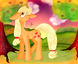 Size: 1300x1070 | Tagged: safe, alternate version, artist:php163, applejack, earth pony, pony, g4, apple, apple tree, art, big ears, cloud, cute, digital art, female, grass, grass field, jackabetes, looking offscreen, mare, missing accessory, raised hoof, signature, smiling, solo, stars, straw in mouth, tree