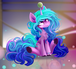 Size: 2200x2000 | Tagged: safe, artist:liquorice_sweet, izzy moonbow, pony, unicorn, g5, my little pony: a new generation, spoiler:my little pony: a new generation, ball, blushing, bracelet, chest fluff, female, high res, horn, horn guard, hornball, izzy's tennis ball, jewelry, looking up, mare, sitting, solo, tennis ball, unshorn fetlocks
