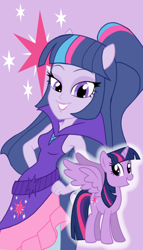 Size: 1000x1750 | Tagged: safe, artist:theroyalprincesses, twilight sparkle, alicorn, human, pony, equestria girls, g4, alternate design, clothes, dress, eyeshadow, human ponidox, lipstick, makeup, self ponidox, sleeveless, twilight sparkle (alicorn)