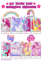 Size: 1304x1867 | Tagged: safe, artist:bunnari, fluttershy, forget-me-not, minty, princess cadance, princess trixiebelle, star catcher, sugarberry, wingsong, alicorn, earth pony, pegasus, pony, g1, g2, g3, g4, generation challenge