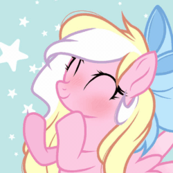Size: 900x900 | Tagged: safe, artist:sofk, oc, oc only, oc:bay breeze, pegasus, pony, animated, blushing, bow, clapping, closed mouth, cute, eyes closed, female, hair bow, happy, mare, ocbetes, show accurate, stars, wings