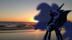 Size: 1281x720 | Tagged: safe, edit, editor:tcgamebot, nightmare moon, alicorn, pony, g4, armor, beach, eyes closed, female, helmet, irl, mare, photo, ponies in real life, sand, solo, spread wings, sun, sunset, wings