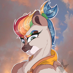 Size: 1280x1280 | Tagged: safe, artist:arlekinarts, oc, oc only, pegasus, pony, bust, chest fluff, clothes, cloud, eyelashes, female, mare, multicolored hair, outdoors, pegasus oc, rainbow hair, smiling, smirk, solo, wings