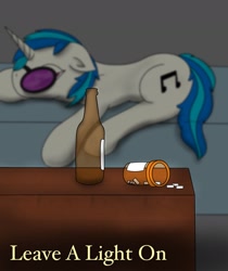 Size: 2001x2378 | Tagged: safe, artist:snow quill, dj pon-3, vinyl scratch, g4, alcohol, cover art, high res, lying down, pills, story in the source