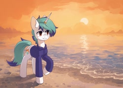 Size: 2032x1462 | Tagged: safe, artist:koviry, part of a set, oc, oc only, oc:snowy blue, pony, unicorn, beach, clothes, commission, cute, hoodie, male, ocbetes, raised hoof, scenery, smiling, solo, stallion, sun, water, ych result
