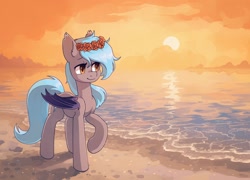 Size: 2032x1462 | Tagged: safe, artist:koviry, part of a set, oc, oc only, oc:moon bloom, bat pony, pony, bat pony oc, beach, commission, floral head wreath, flower, raised hoof, scenery, smiling, solo, sun, water, ych result