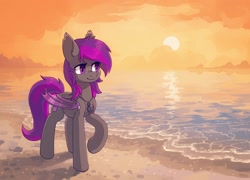 Size: 2032x1462 | Tagged: safe, artist:koviry, part of a set, oc, oc only, oc:platinum wing, bat pony, pony, bat pony oc, beach, commission, ear piercing, earring, freckles, jewelry, necklace, piercing, raised hoof, scenery, smiling, solo, sun, water, ych result
