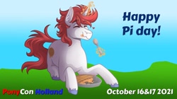 Size: 1482x828 | Tagged: safe, artist:monnarcha, oc, oc only, oc:stroopwafeltje, pony, unicorn, convention mascot, food, male, mascot, pi day, pie, ponycon holland, solo, stallion