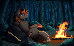 Size: 3318x2095 | Tagged: safe, artist:pridark, oc, oc only, oc:twisty, pony, unicorn, campfire, cloven hooves, crossed hooves, cutie mark, fire, forest, grass, high res, male, melee weapon, rock, smiling, solo, stone, sword, weapon