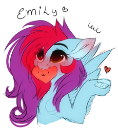Size: 1174x1274 | Tagged: safe, artist:krissstudios, oc, oc only, oc:emily, pegasus, pony, female, heart, heterochromia, mare, mouth hold, solo