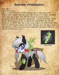 Size: 1920x2455 | Tagged: safe, artist:magnusmagnum, oc, oc:bamboo mistshadow, bat pony, pony, base used, bat pony oc, character card, cute, cute little fangs, cutie mark, fangs, female, mare, open mouth, show accurate, watermark