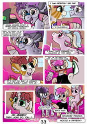 Size: 2100x3000 | Tagged: safe, artist:loryska, oc, oc:clarabelle, oc:conundrum solar flare, oc:niko, oc:plumeria, hybrid, zony, comic:friendship grows, adopted offspring, comic, ear fluff, floppy ears, glasses, high res, mop, mouth hold, offspring, parent:derpy hooves, parent:doctor whooves, parent:quibble pants, parent:rainbow dash, parent:sweetie belle, parents:doctorderpy, parents:quibbledash, raised hoof, unshorn fetlocks