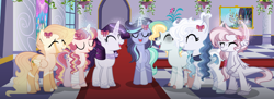 Size: 4649x1687 | Tagged: safe, artist:xxcheerupxxx, oc, oc only, oc:aqua lagoon, oc:elastic heart, oc:mirabella, oc:moon hour, oc:silent heaven, oc:vanilla muffin, earth pony, pegasus, pony, unicorn, base used, female, magical lesbian spawn, mare, offspring, parent:applejack, parent:moondancer, parent:pinkie pie, parent:rainbow dash, parent:rarity, parent:starlight glimmer, parent:trixie, parent:twilight sparkle, parents:appledash, parents:derpyshy, parents:pinkiedancer, parents:rarilight, parents:startrix, parents:twidash