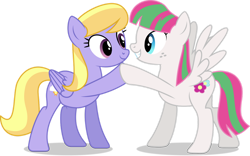 Size: 1280x801 | Tagged: safe, artist:starcollider, blossomforth, cloud kicker, pegasus, pony, g4, .svg available, base used, cloudforth, detailedatream approves, duo, duo female, female, gritted teeth, hoofbump, lesbian, looking at each other, mare, shipping, show accurate, simple background, spread wings, transparent background, vector, wings