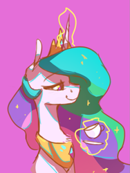 Size: 605x803 | Tagged: safe, artist:anticular, princess celestia, alicorn, pony, g4, bust, cup, female, glowing horn, horn, levitation, magic, mare, pink background, profile, saucer, simple background, solo, teacup, telekinesis