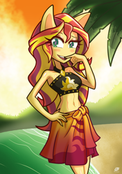 Size: 2448x3482 | Tagged: safe, artist:lezaki, sunset shimmer, anthro, equestria girls, g4, adorasexy, belly button, bikini, clothes, cute, female, high res, no nose, sarong, sexy, shimmerbetes, sleeveless, solo, swimsuit