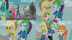 Size: 1280x720 | Tagged: safe, edit, edited screencap, editor:quoterific, screencap, applejack, megan williams, megan williams (g4), rainbow dash, equestria girls, equestria girls specials, g4, my little pony equestria girls: better together, my little pony equestria girls: rollercoaster of friendship, applejack's hat, bow, clothes, cowboy hat, female, geode of super speed, geode of super strength, hair bow, hat, magical geodes, open mouth, teeth