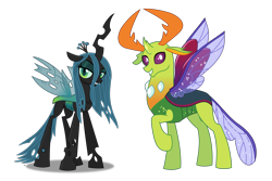 Size: 1720x1150 | Tagged: safe, artist:anime-equestria, artist:lightningbolt, derpibooru exclusive, queen chrysalis, thorax, changedling, changeling, changeling queen, g4, crown, curved horn, duo, eyeshadow, female, grin, happy, horn, horns, insect wings, jewelry, king thorax, looking at you, makeup, male, raised hoof, regalia, show accurate, simple background, smiling, spread wings, standing, transparent background, vector, wings
