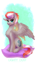 Size: 1080x1902 | Tagged: safe, artist:limreiart, oc, oc only, oc:lighty dust, pegasus, pony, chest fluff, female, fluffy, mare, pegasus oc, pillow, simple background, sitting, solo, spread wings, wings