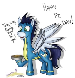 Size: 1336x1388 | Tagged: safe, artist:whirlwindflux, soarin', pegasus, pony, g4, clothes, food, male, pi day, pie, simple background, solo, spread wings, stallion, that pony sure does love pies, uniform, white background, wings, wonderbolts, wonderbolts uniform